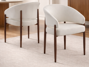 Chaise pied effet noyer CHARLY tissu velours beige avec ressorts image avant et arriere de la chaise