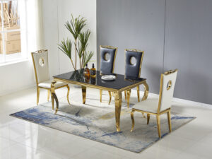 Table à manger BAROQUE plateau effet marbre noir pied dore